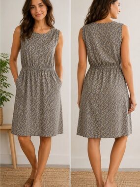 Boden Floral Popover Dress Size 12R Gray Yellow Pockets Casual Midi Cottagecore